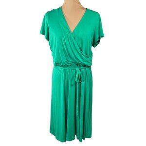 Lands' End Faux Wrap Dress Size L Large Green Short Sleeve V- Neck Knit